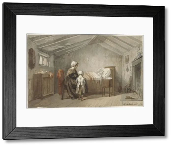 Framed Print : Mother and daughter at a child's sickbed, 1862. Creator: Diederik Franciscus Jamin Framed Print : Mother and daughter at a child's sickbed, 1862. Creator: Diederik Franciscus Jamin