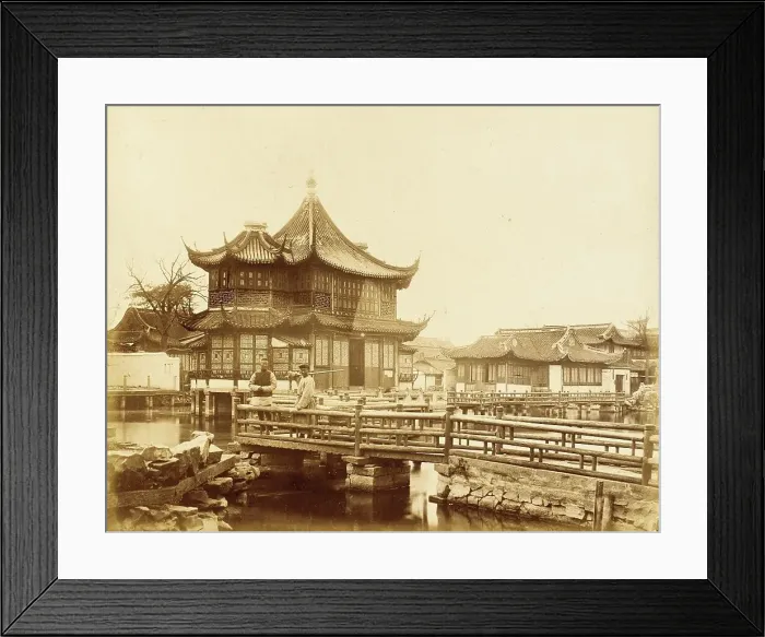 Framed Print : Footbridges and Elaborate Commercial Building, S. China, 1860. Creator: Felice Beato Framed Print : Footbridges and Elaborate Commercial Building, S. China, 1860. Creator: Felice Beato