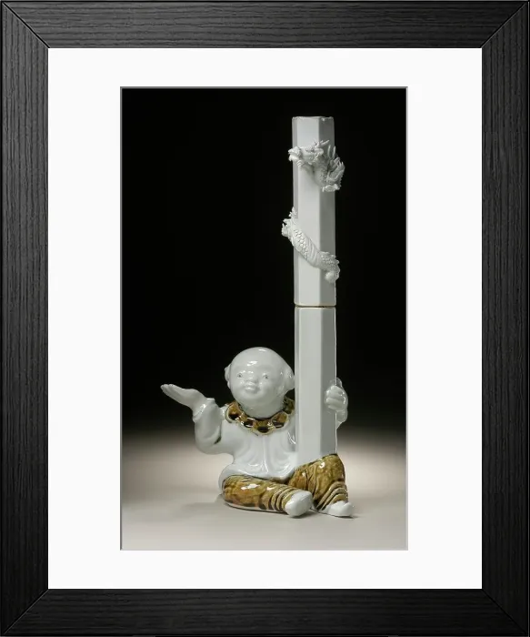 Framed Print : Chinese Boy (karako) Holding Candlestick with Raised Dragon, 19th century. Creator: Unknown
