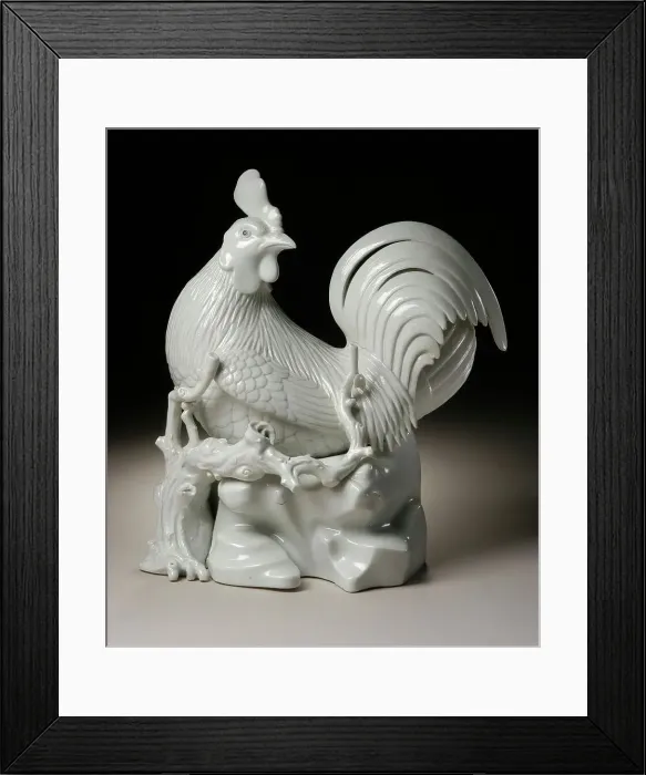 Framed Print : Okimono in the Form of a Seated Cockerel on a Branch and Rockery, 19th century. Creator: Unknown Framed Print : Okimono in the Form of a Seated Cockerel on a Branch and Rockery, 19th century. Creator: Unknown
