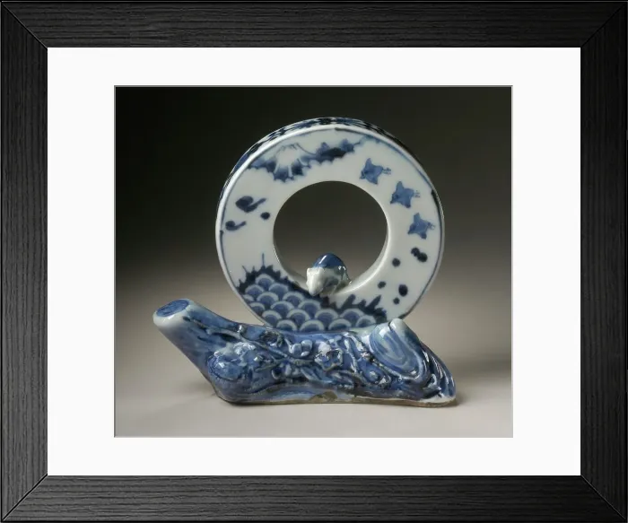 Framed Print : Disc-Shaped Okimono, or Desk Screen, with Rat, Fuji, Plovers, Waves, and Plum Design, 19th century. Creator: Unknown Framed Print : Disc-Shaped Okimono, or Desk Screen, with Rat, Fuji, Plovers, Waves, and Plum Design, 19th century. Creator: Unknown