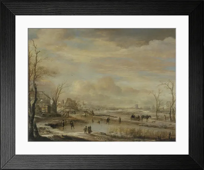 Framed Print : Winter landscape with a woodend bridge near some houses, between c1650 and c1660. Creator: Aert van der Neer Framed Print : Winter landscape with a woodend bridge near some houses, between c1650 and c1660. Creator: Aert van der Neer