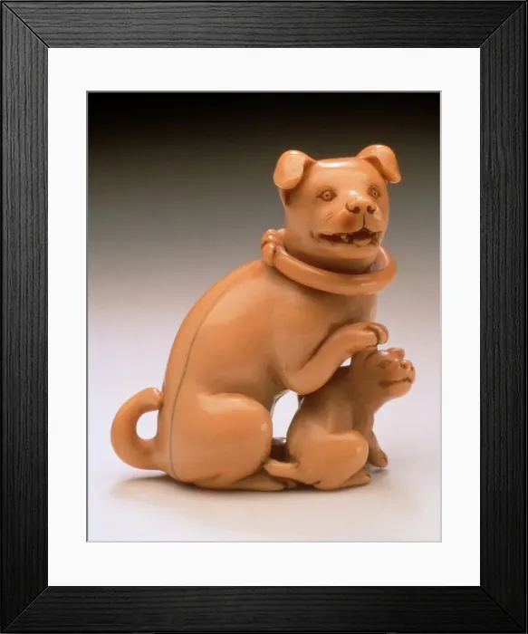Framed Print : Dog with Loose Collar and Puppy, early 19th century. Creator: Unknown Framed Print : Dog with Loose Collar and Puppy, early 19th century. Creator: Unknown