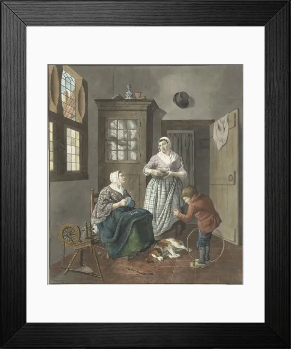 Framed Print : Interior with sewing woman, maid and playing boy, 1797. Creator: Hendrik Jan van Amerom Framed Print : Interior with sewing woman, maid and playing boy, 1797. Creator: Hendrik Jan van Amerom