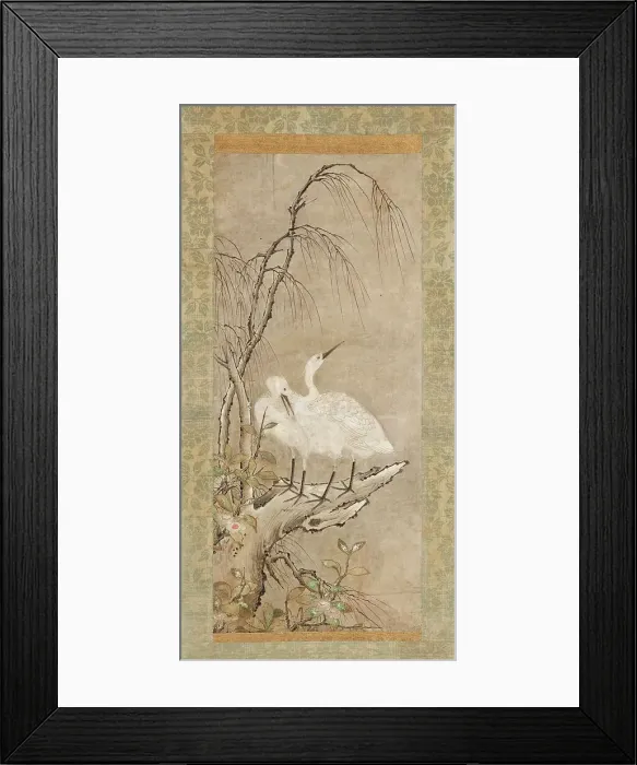 Framed Print : Winter Landscape of Two Herons, Willow, and Tea Plants Blossoms, c1550. Creator: Anon Framed Print : Winter Landscape of Two Herons, Willow, and Tea Plants Blossoms, c1550. Creator: Anon