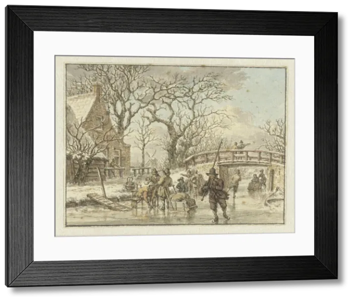 Framed Print : Winter landscape with skaters on a river, 1781. Creator: Jacob Cats Framed Print : Winter landscape with skaters on a river, 1781. Creator: Jacob Cats