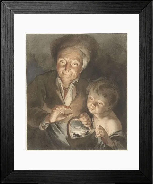 Framed Print : Old woman with child and chafing dish, 1734. Creator: Jacob de Wit Framed Print : Old woman with child and chafing dish, 1734. Creator: Jacob de Wit
