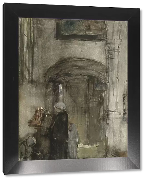 Fisherman's wife with her daughter as a bride lights a church candle, 1847-1899. Creator: Jacob Henricus Maris