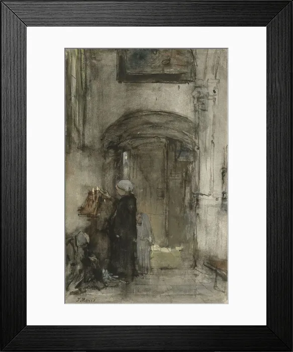 Framed Print : Fisherman's wife with her daughter as a bride lights a church candle, 1847-1899. Creator: Jacob Henricus Maris