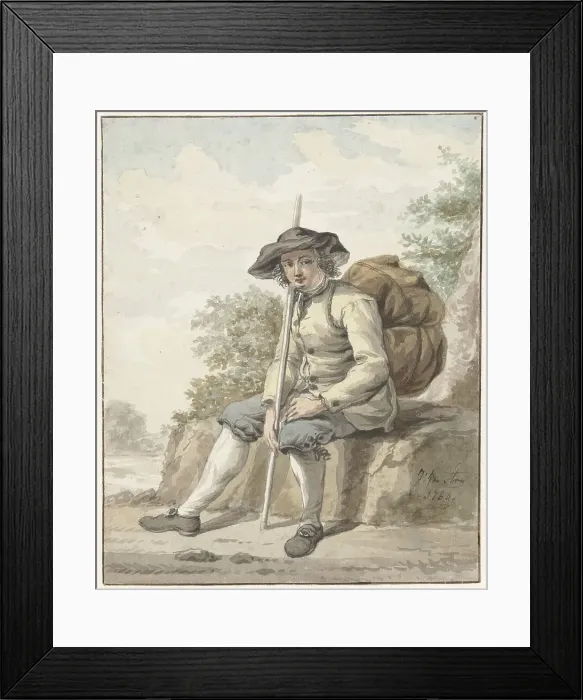 Framed Print : Seated man with a knapsack and a stick, 1784. Creator: Jacob van Strij Framed Print : Seated man with a knapsack and a stick, 1784. Creator: Jacob van Strij