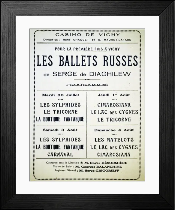 Framed Print : Affiche des Ballets russes du 30 juillet au 4 août 1929 à l'Opéra de Vichy, 1929. Creator: Historic Object Framed Print : Affiche des Ballets russes du 30 juillet au 4 août 1929 à l'Opéra de Vichy, 1929. Creator: Historic Object