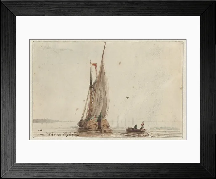 Framed Print : Sailing ship and rowing boat on the water, 1855. Creator: Johan Conrad Greive Framed Print : Sailing ship and rowing boat on the water, 1855. Creator: Johan Conrad Greive