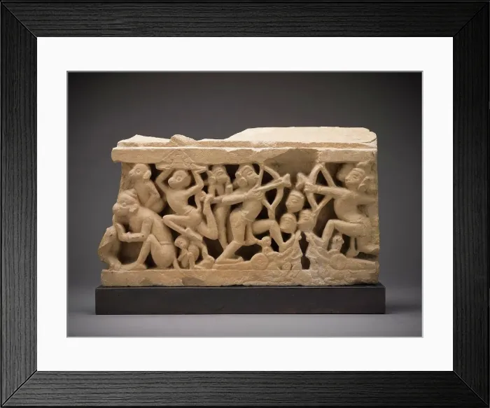Framed Print : Hanuman Carrying the Mountain of Medicinal Herbs (left); Rama Battles Ravana (right)... 10th centur Creator: Unknown Framed Print : Hanuman Carrying the Mountain of Medicinal Herbs (left); Rama Battles Ravana (right)... 10th centur Creator: Unknown