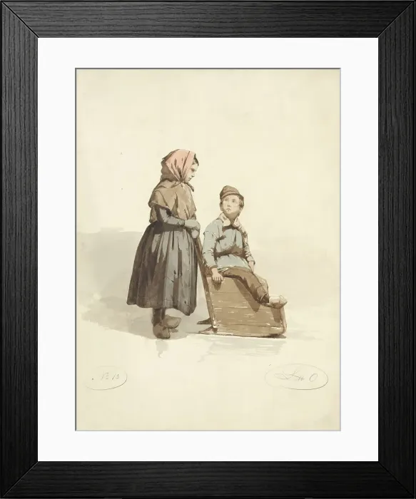 Framed Print : Girl pushes a boy into a sled, 1836-1915. Creator: Johannes Eugel Masurel Framed Print : Girl pushes a boy into a sled, 1836-1915. Creator: Johannes Eugel Masurel