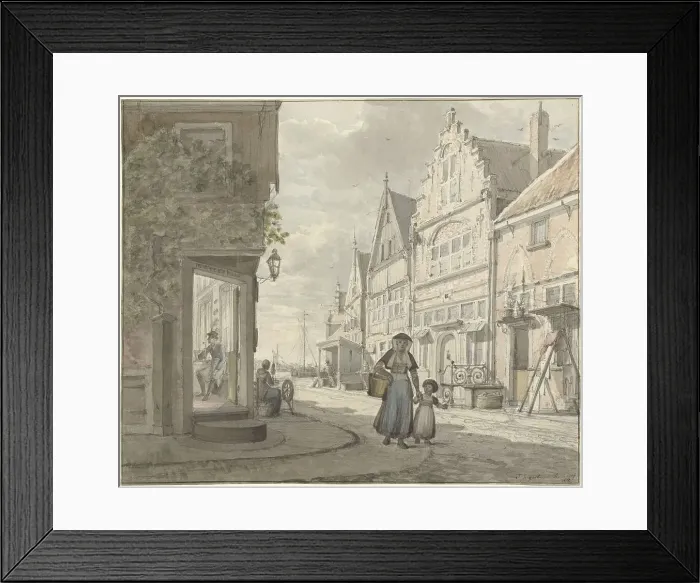 Framed Print : Woman and a child walk on the street in a fishing village, 1817. Creator: Johannes Jelgerhuis Framed Print : Woman and a child walk on the street in a fishing village, 1817. Creator: Johannes Jelgerhuis
