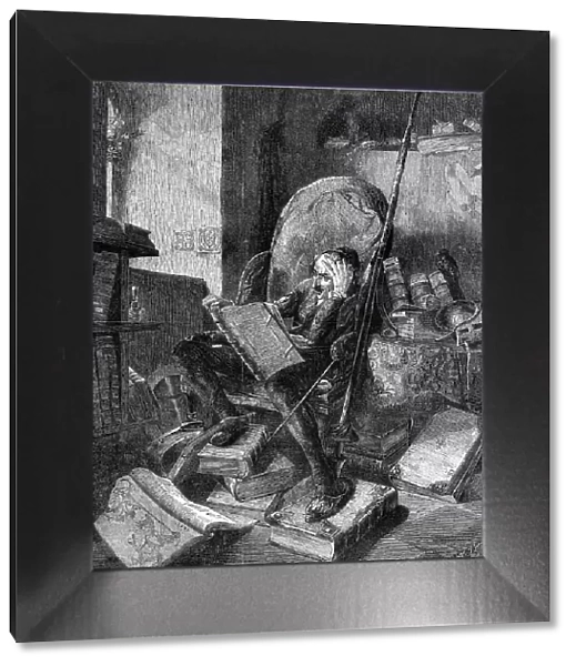 'Don Quixote in his Study' - from a painting by Schrödter, 1860. Creator: W Thomas. 'Don Quixote in his Study' - from a painting by Schrödter, 1860. Creator: W Thomas