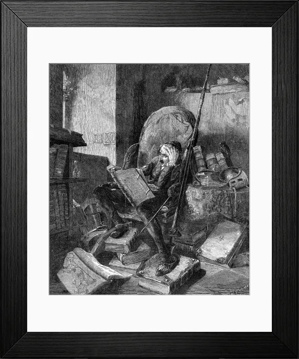 Framed Print : Don Quixote in his Study - from a painting by Schrödter, 1860. Creator: W Thomas. Don Quixote in his Study - from a painting by Schrödter, 1860. Creator: W Thomas Framed Print : Don Quixote in his Study - from a painting by Schrödter, 1860. Creator: W Thomas. Don Quixote in his Study - from a painting by Schrödter, 1860. Creator: W Thomas