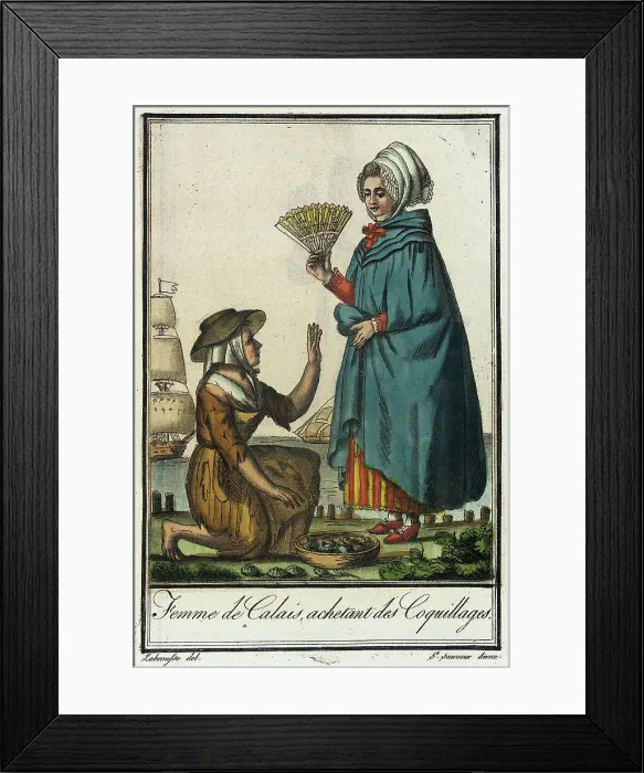 Framed Print : Costumes de Différent Pays, Femme de Calais, Achetant des Coquillages, c1797. Creators: Jacques Grasset de Saint-Sauveur, LF Labrousse Framed Print : Costumes de Différent Pays, Femme de Calais, Achetant des Coquillages, c1797. Creators: Jacques Grasset de Saint-Sauveur, LF Labrousse