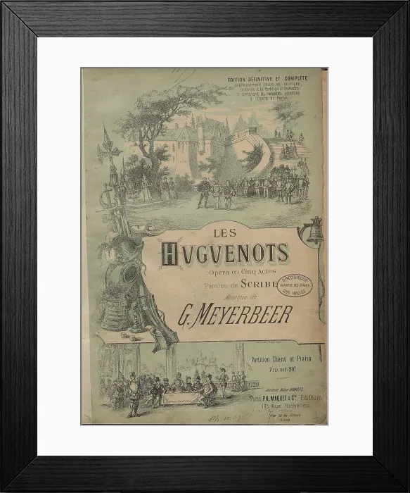 Framed Print : Cover of the vocal score of opera Les Huguenots by Giacomo Meyerbeer, 1890s. Creator: Anonymous Framed Print : Cover of the vocal score of opera Les Huguenots by Giacomo Meyerbeer, 1890s. Creator: Anonymous