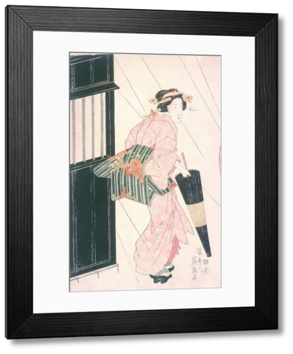 Framed Print : Geisha in Rain, 19th century. Creator: Ikeda Eisen Framed Print : Geisha in Rain, 19th century. Creator: Ikeda Eisen