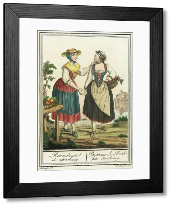 Framed Print : Costumes de Différent Pays, Revendeuse de Strasbourg / Paysanne de Bitche près Strasbourg, c1797. Creators: Jacques Grasset de Saint-Sauveur, LF Labrousse Framed Print : Costumes de Différent Pays, Revendeuse de Strasbourg / Paysanne de Bitche près Strasbourg, c1797. Creators: Jacques Grasset de Saint-Sauveur, LF Labrousse