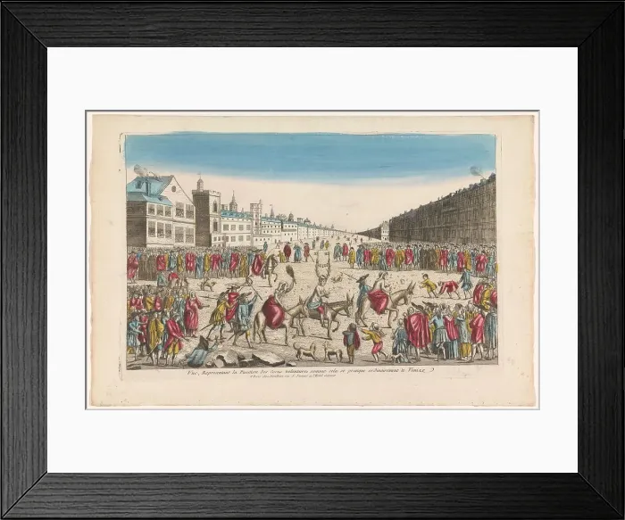 Framed Print : View of a mockery of cheaters on a square in Venice, 1759-c.1796. Creators: Louis-Joseph Mondhare, Anon Framed Print : View of a mockery of cheaters on a square in Venice, 1759-c.1796. Creators: Louis-Joseph Mondhare, Anon