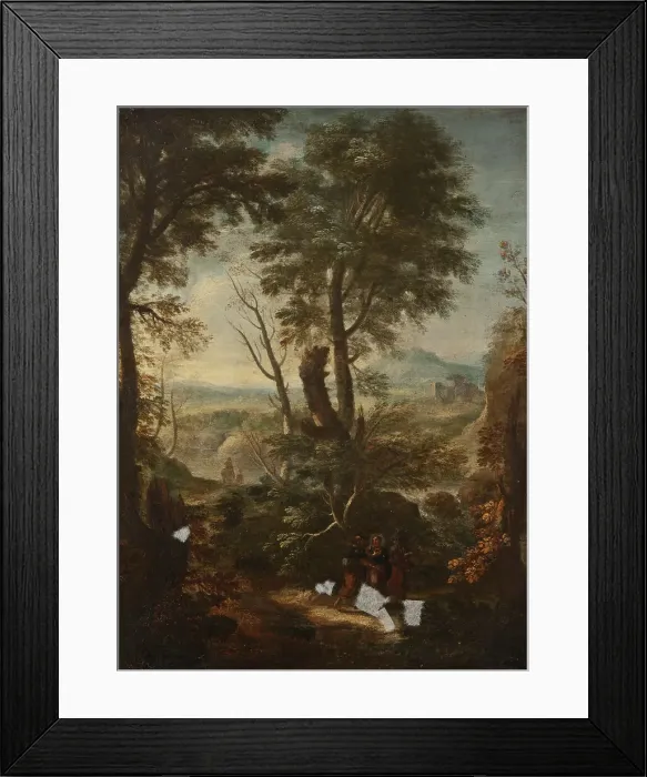 Framed Print : Landscape with Christ and the Two Disciples on the Way to Emmaus, 17th century. Creator: Unknown Framed Print : Landscape with Christ and the Two Disciples on the Way to Emmaus, 17th century. Creator: Unknown