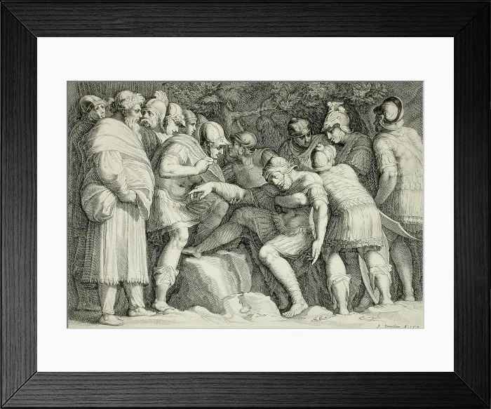 Framed Print : Wounded Scipio Carried from Battle by His Sons, 1593. Creator: Jan Saenredam Framed Print : Wounded Scipio Carried from Battle by His Sons, 1593. Creator: Jan Saenredam