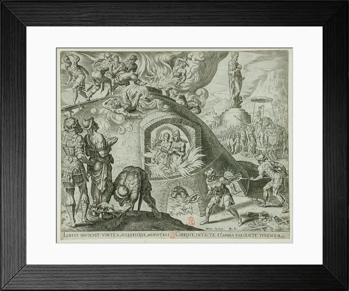 Framed Print : The Three Jews Cast into the Fiery Furnace, 1565. Creator: Philip Galle Framed Print : The Three Jews Cast into the Fiery Furnace, 1565. Creator: Philip Galle