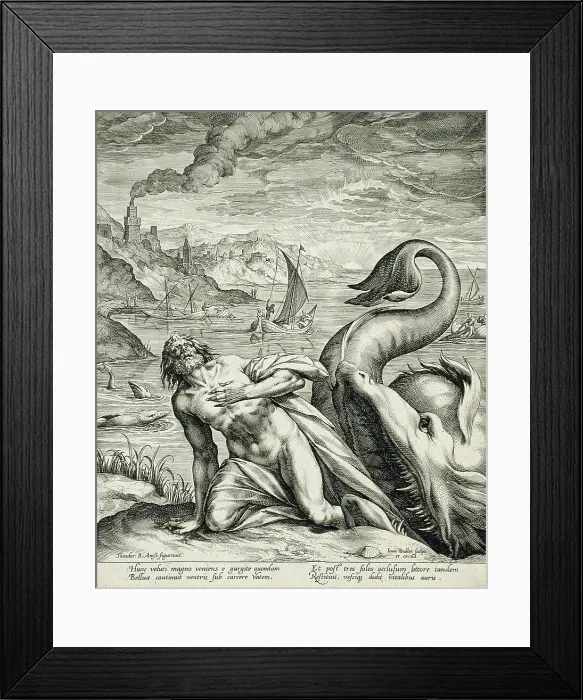 Framed Print : Jonah Spat Up by the Whale, c1582. Creator: Johann Sadeler I Framed Print : Jonah Spat Up by the Whale, c1582. Creator: Johann Sadeler I