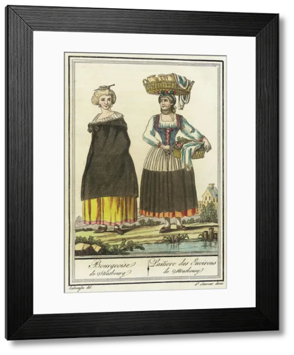 Framed Print : Costumes de Différent Pays, Bourgeoise de Strasbourg / Laitiere des Environs de Strasbourg, c1797. Creators: Jacques Grasset de Saint-Sauveur, LF Labrousse Framed Print : Costumes de Différent Pays, Bourgeoise de Strasbourg / Laitiere des Environs de Strasbourg, c1797. Creators: Jacques Grasset de Saint-Sauveur, LF Labrousse