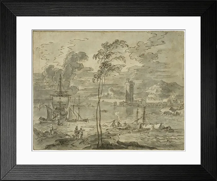 Framed Print : Italian landscape with a harbour, unknown date. Creator: Anon Framed Print : Italian landscape with a harbour, unknown date. Creator: Anon