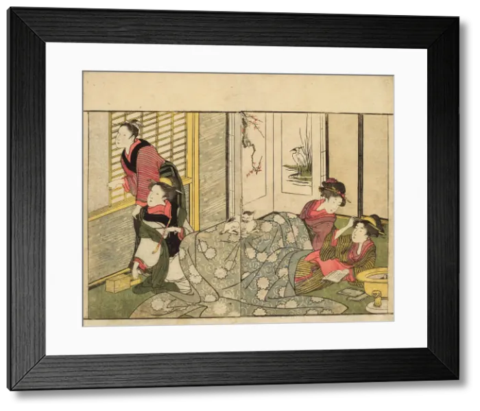 Framed Print : Interior Scene on a Snowy Day. From the Picture Book of Flowers of the Four Seasons... 1801. Creator: Utamaro, Kitagawa (1753-1806)