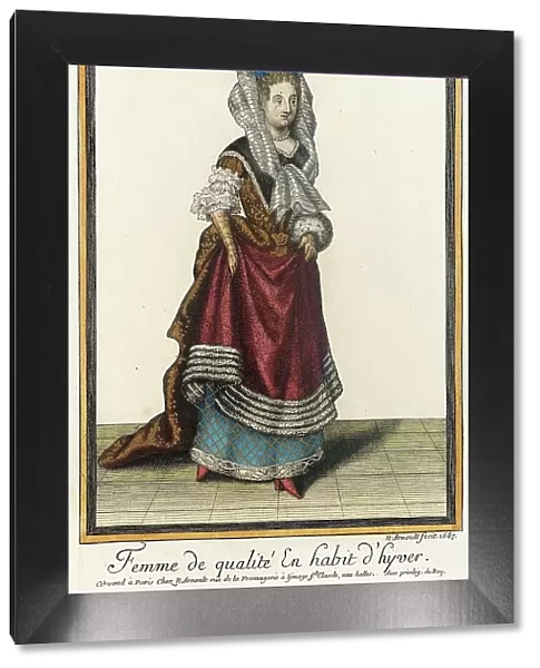 Recueil des modes de la cour de France, Femme de Qualité en Habit d'Hyver, 1687. Creator: Nicolas Arnoult