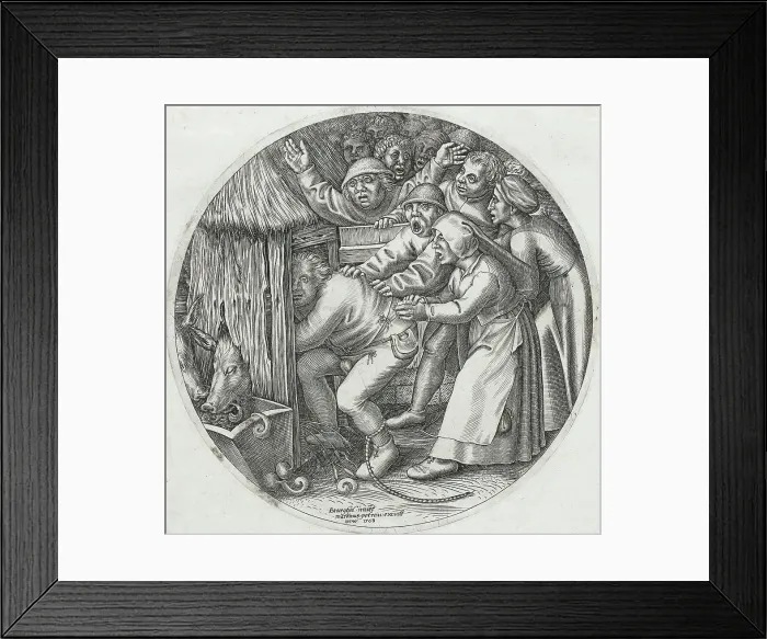 Framed Print : The Drunken Peasant Pushed into a Pigsty, 1568. Creator: Jan Wierix Framed Print : The Drunken Peasant Pushed into a Pigsty, 1568. Creator: Jan Wierix