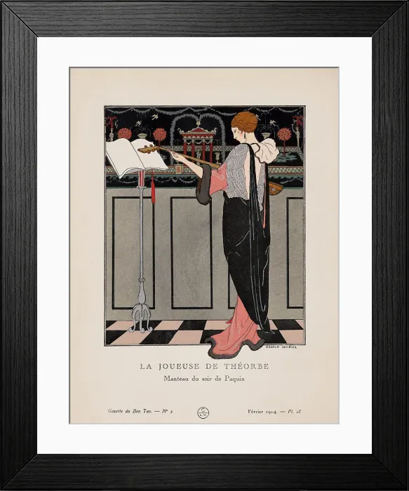 Framed Print : La Joueuse de Théorbe, Manteau du soir de Paquin (La Gazette du Bon ton), 1914. Creator: Barbier, George (1882-1932) Framed Print : La Joueuse de Théorbe, Manteau du soir de Paquin (La Gazette du Bon ton), 1914. Creator: Barbier, George (1882-1932)