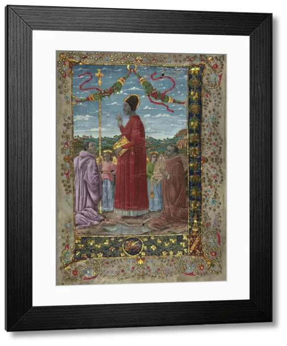Framed Print : Saints with attendants, 20th-century painting on 14th-century antiphonary. Creator: Venetian Forger Framed Print : Saints with attendants, 20th-century painting on 14th-century antiphonary. Creator: Venetian Forger