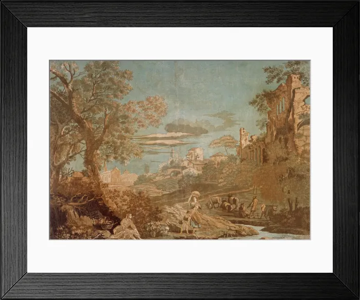 Framed Print : Heroic Landscape with Women at Brook, Child Fishing, and Herdsmen, 1744. Creator: John Baptist Jackson Framed Print : Heroic Landscape with Women at Brook, Child Fishing, and Herdsmen, 1744. Creator: John Baptist Jackson