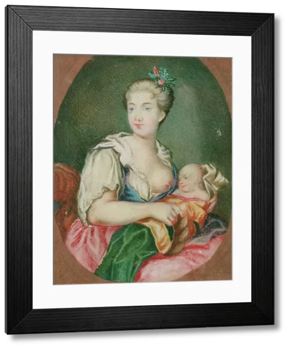 Framed Print : Woman with infant at her breast, c18th century. Creator: Unknown Framed Print : Woman with infant at her breast, c18th century. Creator: Unknown