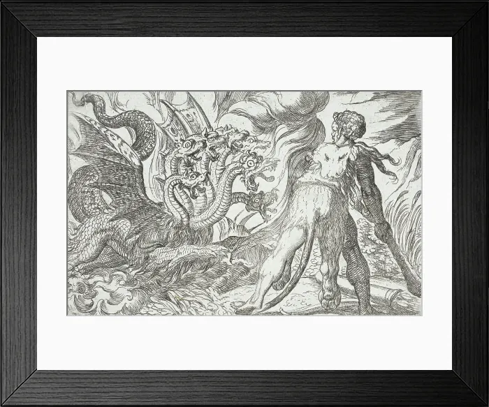 Framed Print : Hercules and the Hydra of Lerna, 1608. Creators: Antonio Tempesta, Nicolaus van Aelst Framed Print : Hercules and the Hydra of Lerna, 1608. Creators: Antonio Tempesta, Nicolaus van Aelst