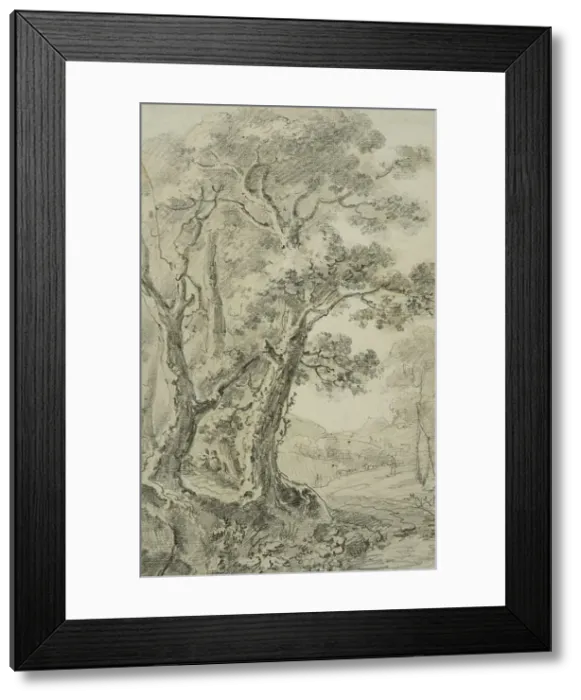 Framed Print : Landscape with tall trees in the foreground, unknown date. Creator: Anon Framed Print : Landscape with tall trees in the foreground, unknown date. Creator: Anon