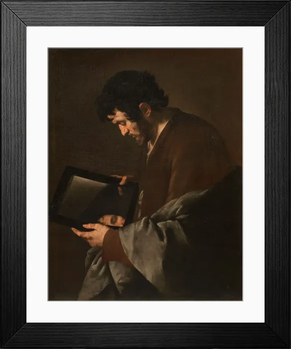 Framed Print : Man meditating in front of a mirror, c.1640. Creator: Master of the Annunciation to the Shepherds (active 1620-1660) Framed Print : Man meditating in front of a mirror, c.1640. Creator: Master of the Annunciation to the Shepherds (active 1620-1660)