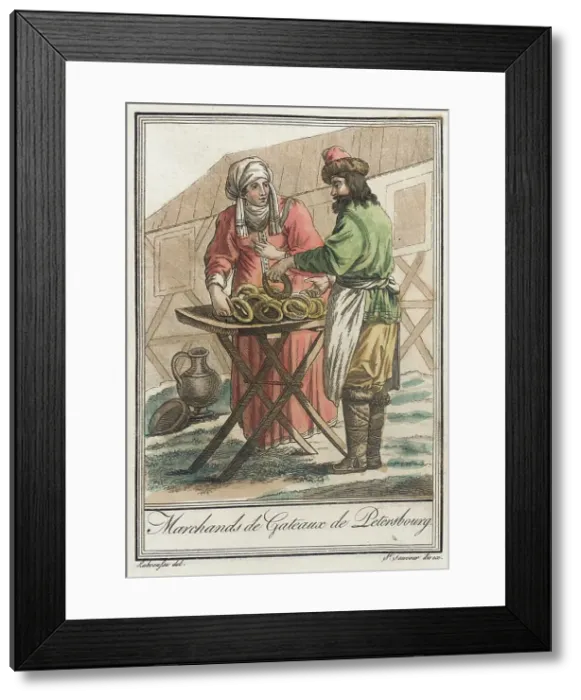 Framed Print : Costumes de Différents Pays, Marchands de Gateaux de Petersbourg, c1797. Creator: Jacques Grasset de Saint-Sauveur Framed Print : Costumes de Différents Pays, Marchands de Gateaux de Petersbourg, c1797. Creator: Jacques Grasset de Saint-Sauveur