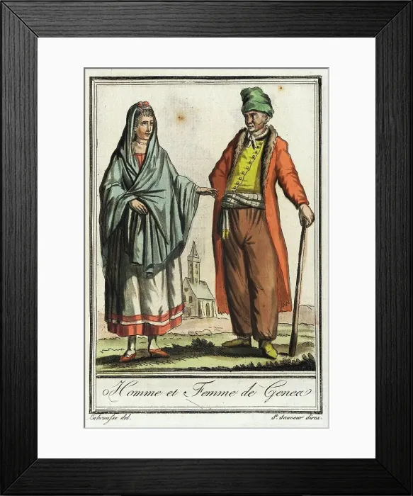 Framed Print : Costumes de Différent Pays, Homme et Femme de Genea, c1797. Creator: Jacques Grasset de Saint-Sauveur Framed Print : Costumes de Différent Pays, Homme et Femme de Genea, c1797. Creator: Jacques Grasset de Saint-Sauveur