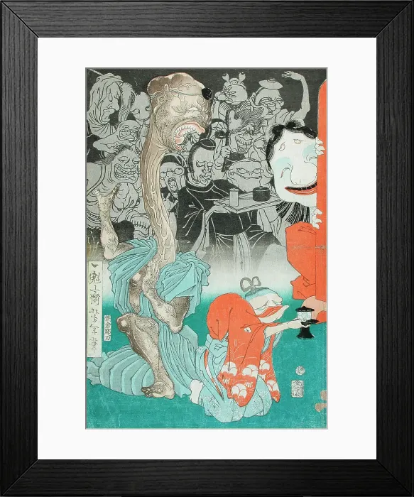 Framed Print : Ban Danemon Naoyuki Conquers the Old Raccoon Dog at Fukushima's Mansion, 1866 (image 2 of 2), 1866. Creator: Tsukioka Yoshitoshi