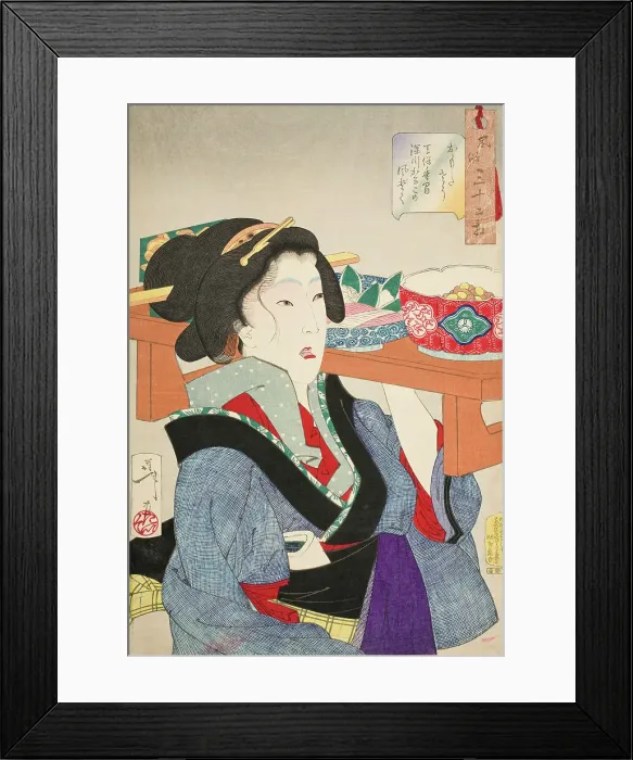 Framed Print : Looking Weighed Down: The Manner of a Waitress at Fukagawa in the Tenpo Era... 1888. Creator: Tsukioka Yoshitoshi Framed Print : Looking Weighed Down: The Manner of a Waitress at Fukagawa in the Tenpo Era... 1888. Creator: Tsukioka Yoshitoshi