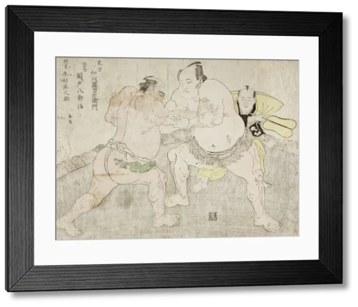 Framed Print : Wrestlers Kajigahama Rikiemon and Sekinoto Hachiroji, with the Umpire Kimura Shonosuke, 1785. Creator: Shunsho Framed Print : Wrestlers Kajigahama Rikiemon and Sekinoto Hachiroji, with the Umpire Kimura Shonosuke, 1785. Creator: Shunsho
