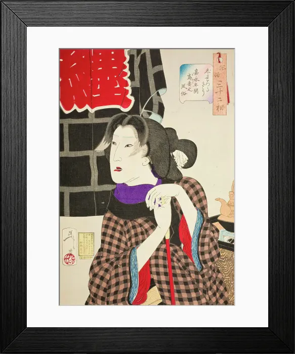 Framed Print : Looking as if Someone is about to Arrive: The Appearance of a Fireman's Wife in the Kaei Era, 1888. Creator: Tsukioka Yoshitoshi Framed Print : Looking as if Someone is about to Arrive: The Appearance of a Fireman's Wife in the Kaei Era, 1888. Creator: Tsukioka Yoshitoshi