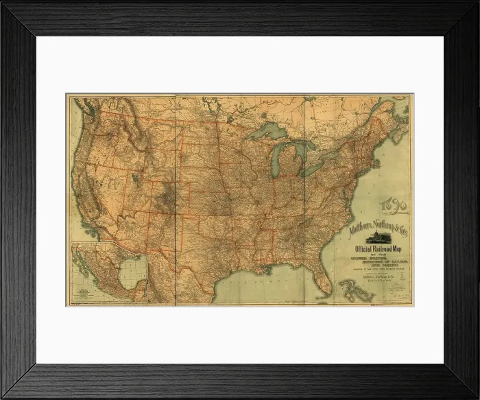 Framed Print : Official railroad map of the United States, Dominion of Canada and Mexico, 1890. Creator: Matthews, Northrup & Co (active 1890s). Official railroad map of the United States, Dominion of Canada and Mexico, 1890 Framed Print : Official railroad map of the United States, Dominion of Canada and Mexico, 1890. Creator: Matthews, Northrup & Co (active 1890s). Official railroad map of the United States, Dominion of Canada and Mexico, 1890