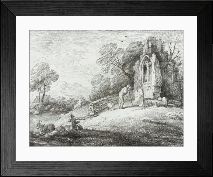 Framed Print : A Churchyard with Ruined Tower Among Trees on Rising Ground, 1780. Creator: Thomas Gainsborough Framed Print : A Churchyard with Ruined Tower Among Trees on Rising Ground, 1780. Creator: Thomas Gainsborough